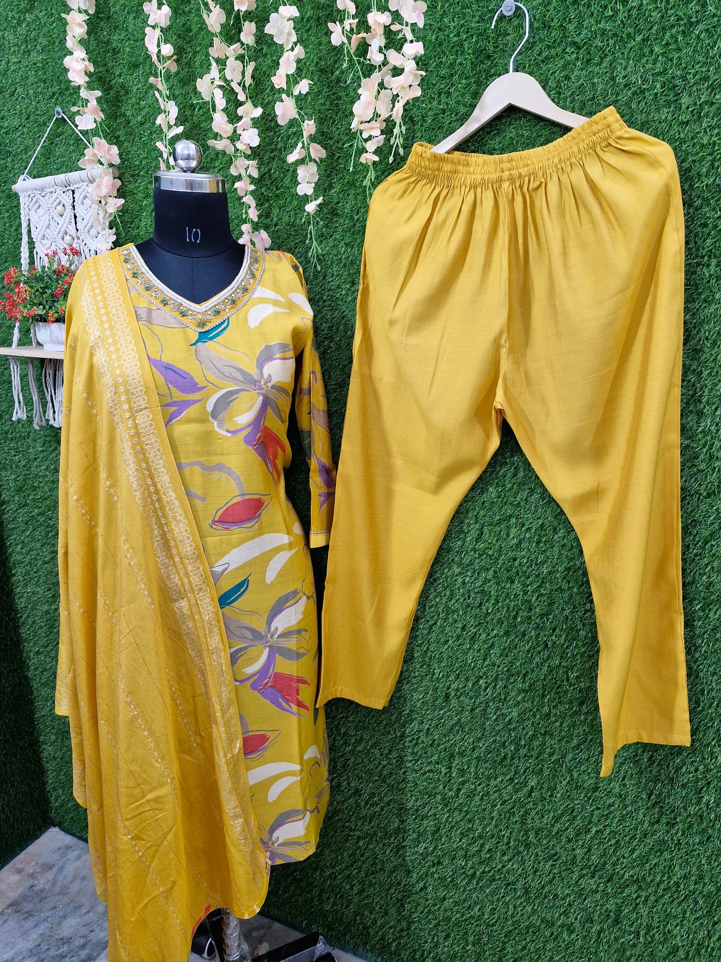 Yellow Floral Muslin Three-Piece Suit with Embroidered silk Dupatta