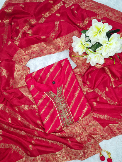 Regal Red Banarasi Elegance" Embroidered Three-Piece Suit Set