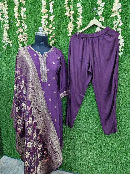 Regal Purple Embroidered Three-Piece Suit with Banarasi Floral Dupatta