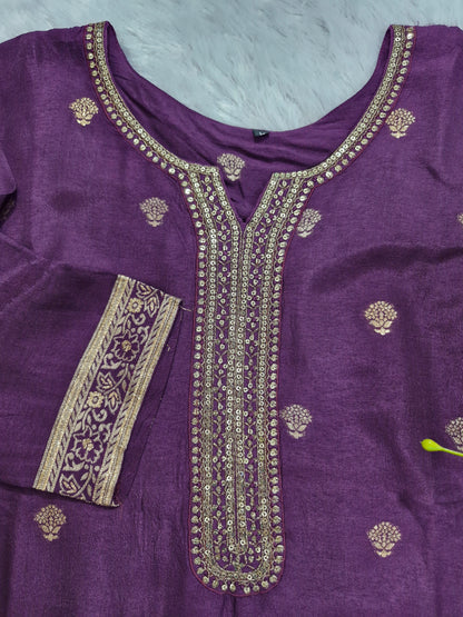 Regal Purple Embroidered Three-Piece Suit with Banarasi Floral Dupatta