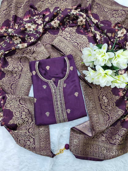 Regal Purple Embroidered Three-Piece Suit with Banarasi Floral Dupatta