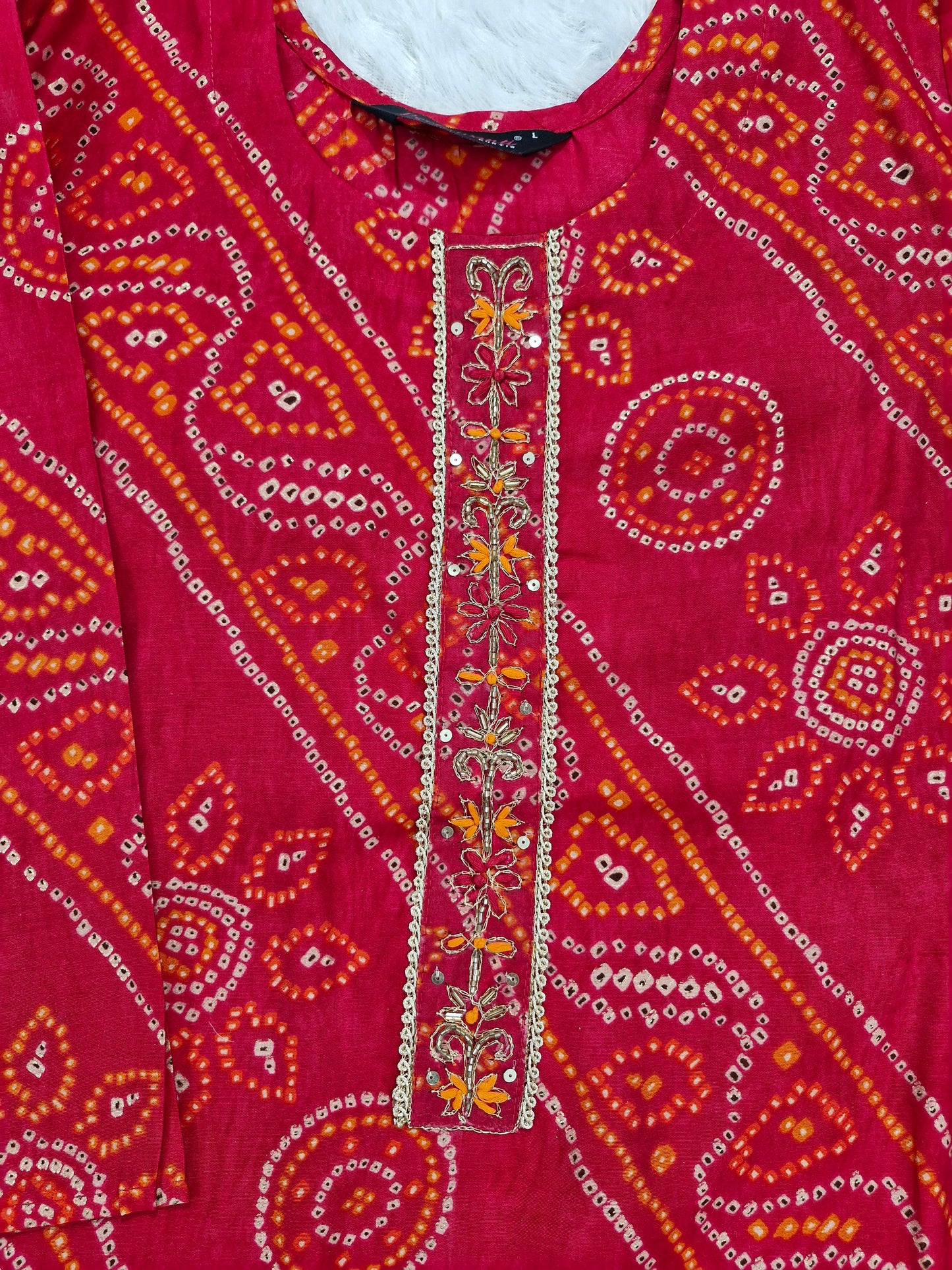 Red Bandhani Print Suit with mirror work embroidery