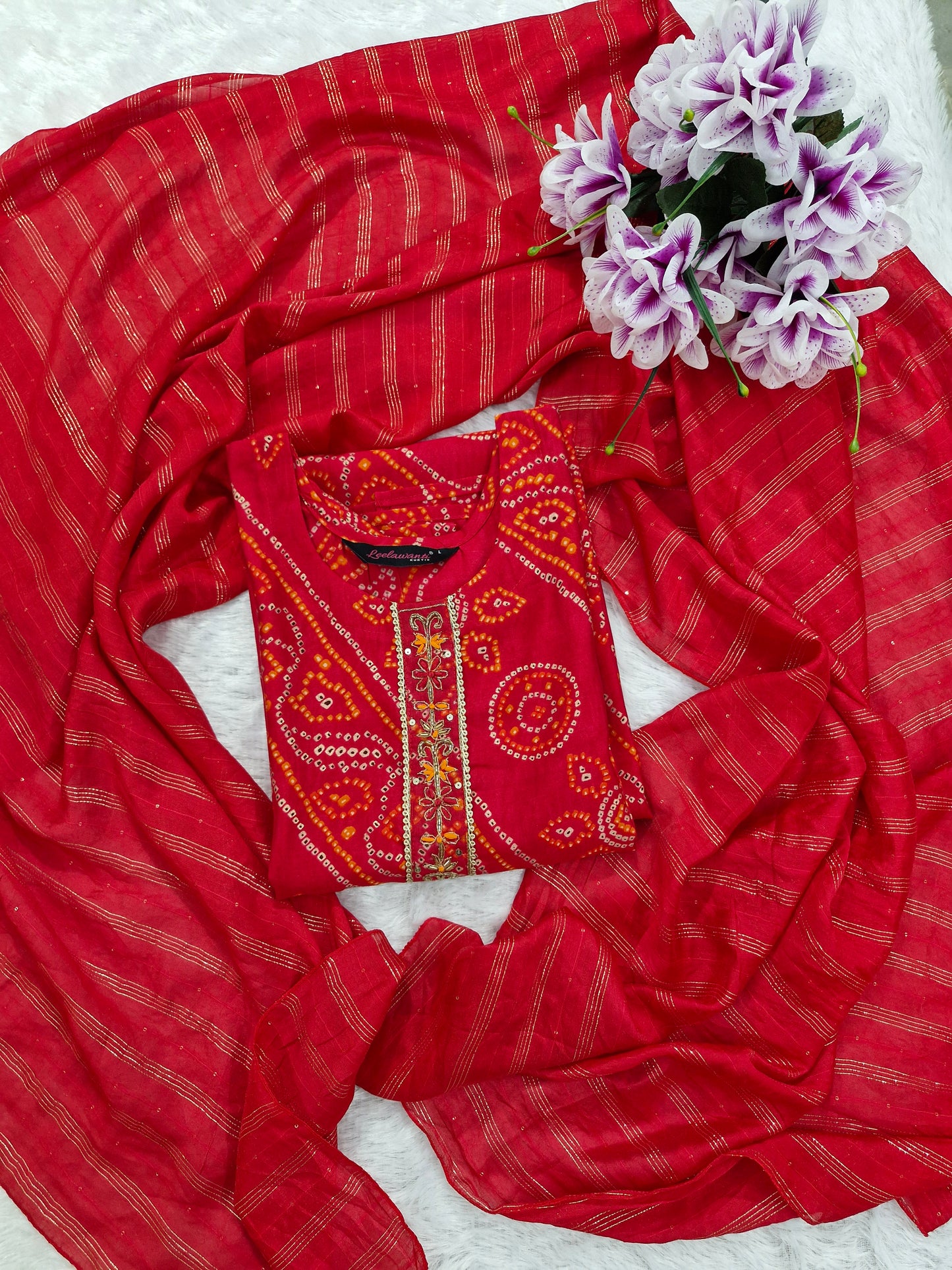 Red Bandhani Print Suit with mirror work embroidery