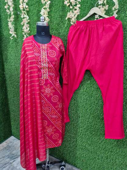 Red Bandhani Print Suit with mirror work embroidery