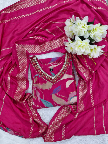 Magenta Pink Floral Muslin Three-Piece Suit with Embroidered Silk Dupatta