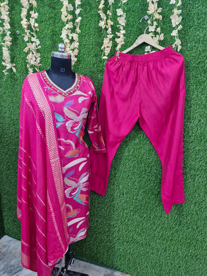 Magenta Pink Floral Muslin Three-Piece Suit with Embroidered Silk Dupatta