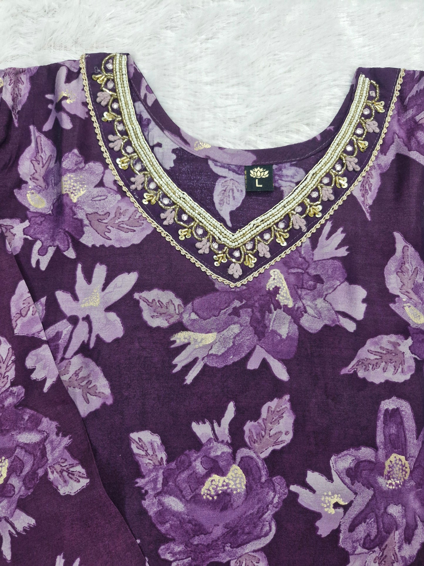 Purple Floral Muslin Three-Piece Suit with Embroidered silk Dupatta