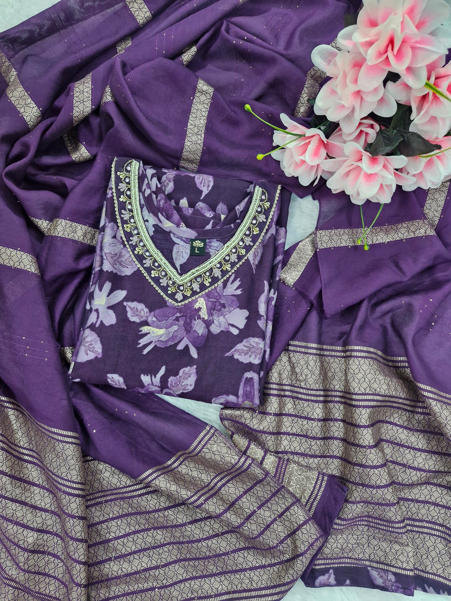 Purple Floral Muslin Three-Piece Suit with Embroidered silk Dupatta