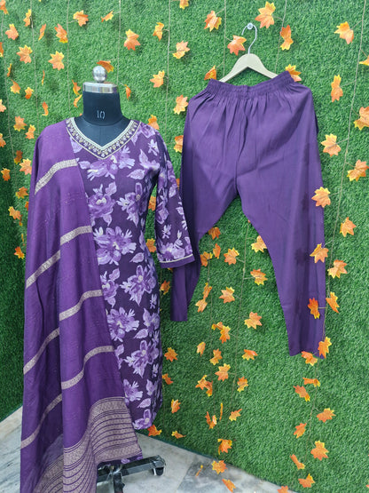 Purple Floral Muslin Three-Piece Suit with Embroidered silk Dupatta