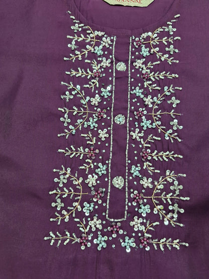 Purple Dola Silk Three-Piece Suit with Floral Organza Dupatta