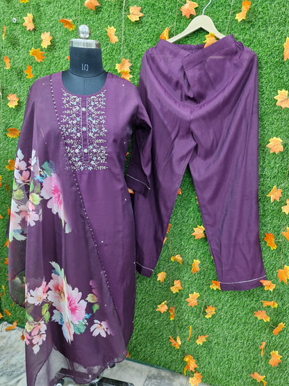 Purple Dola Silk Three-Piece Suit with Floral Organza Dupatta