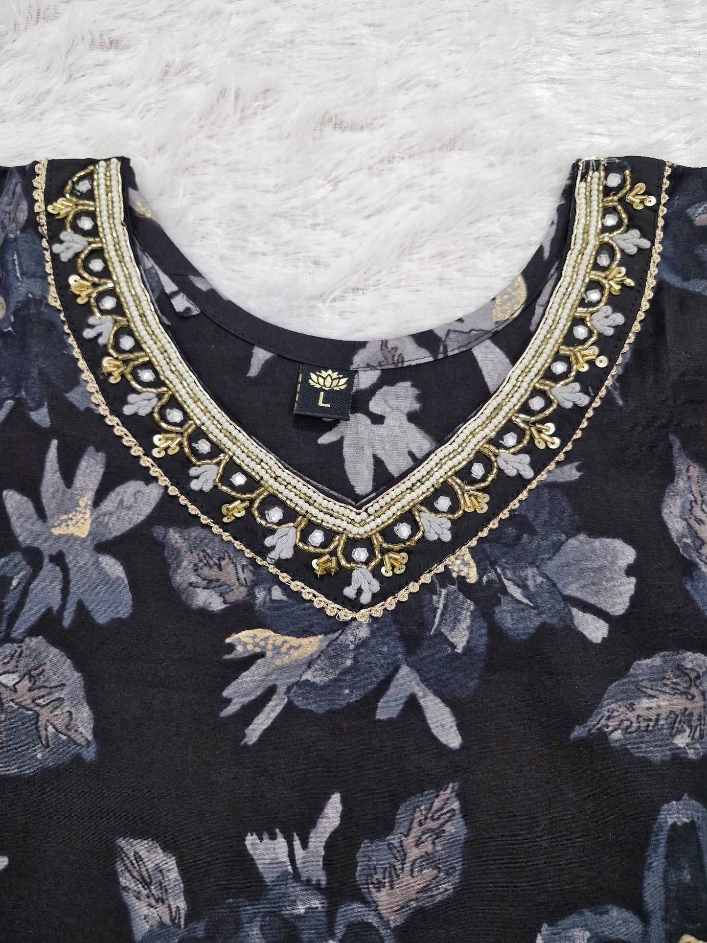 Black Floral Muslin Three-Piece Suit with Embroidered silk Dupatta