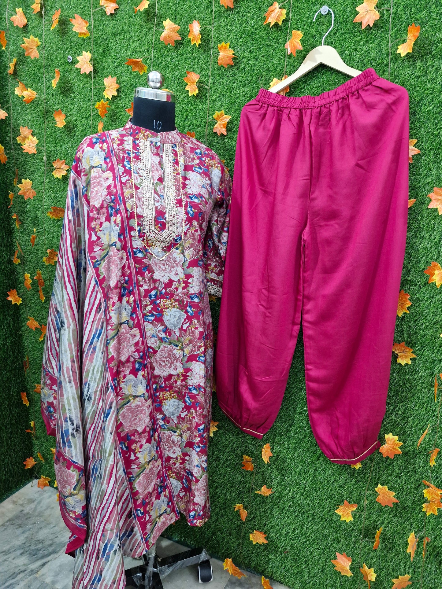 Deep Pink Floral Print Suit with Embroidered Neckline and Striped Dupatta