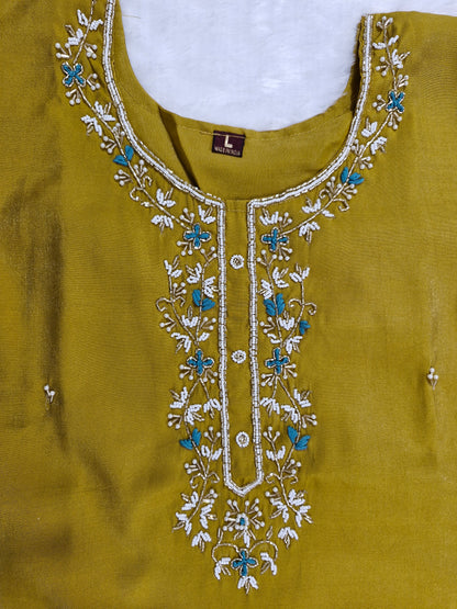 Golden Mustard Dola Silk Embroidered Three-Piece Suit with Banarasi Dupatta