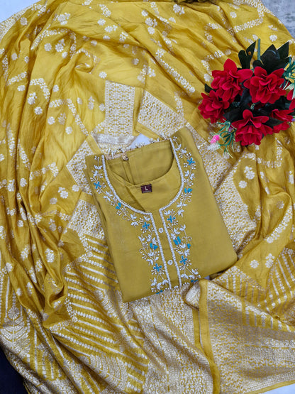 Golden Mustard Dola Silk Embroidered Three-Piece Suit with Banarasi Dupatta