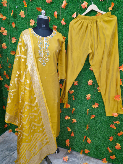 Golden Mustard Dola Silk Embroidered Three-Piece Suit with Banarasi Dupatta