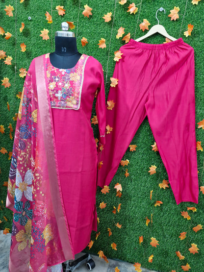 Vibrant Floral Embroidered Three-Piece Suit in Magenta