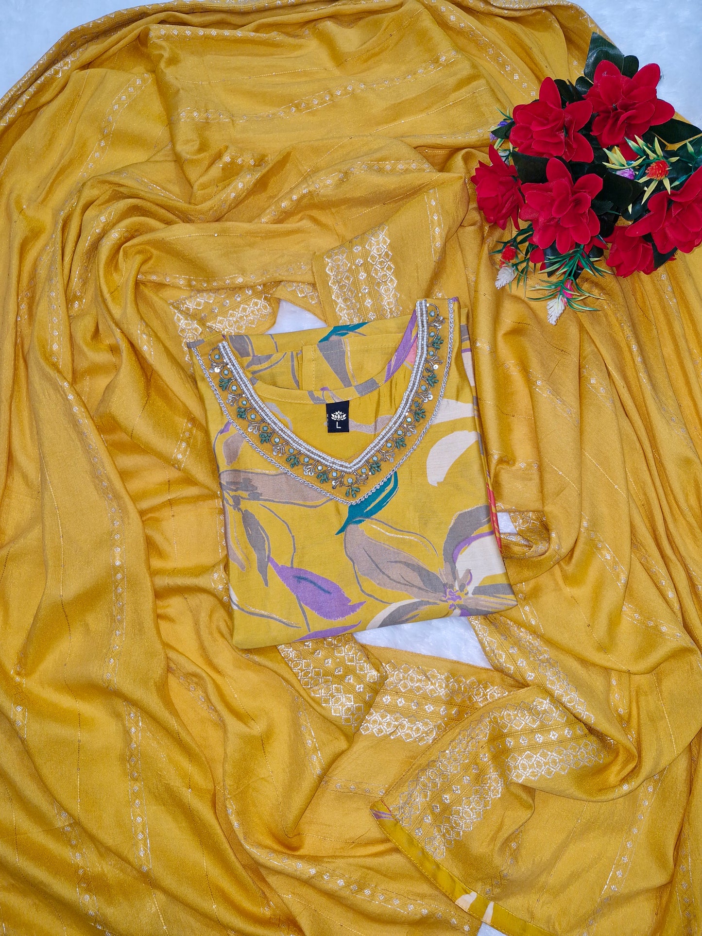 Yellow Floral Muslin Three-Piece Suit with Embroidered silk Dupatta