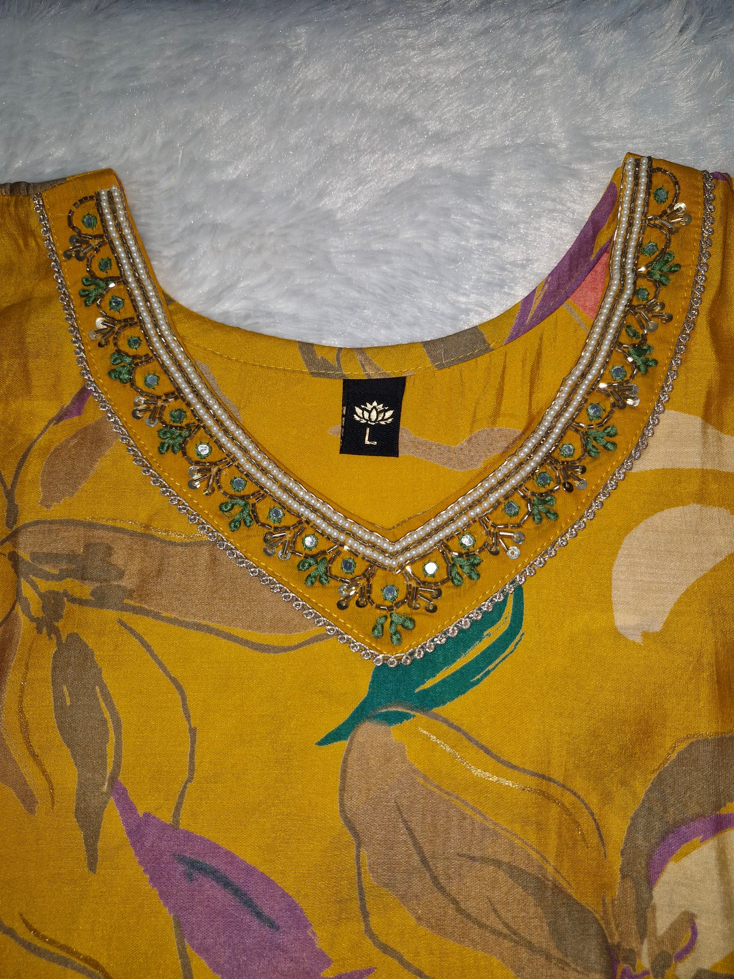 Yellow Floral Muslin Three-Piece Suit with Embroidered silk Dupatta