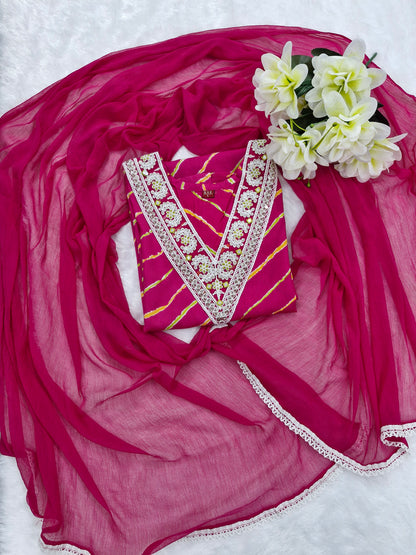 Magenta Bandhani Embroidered Three-Piece Suit