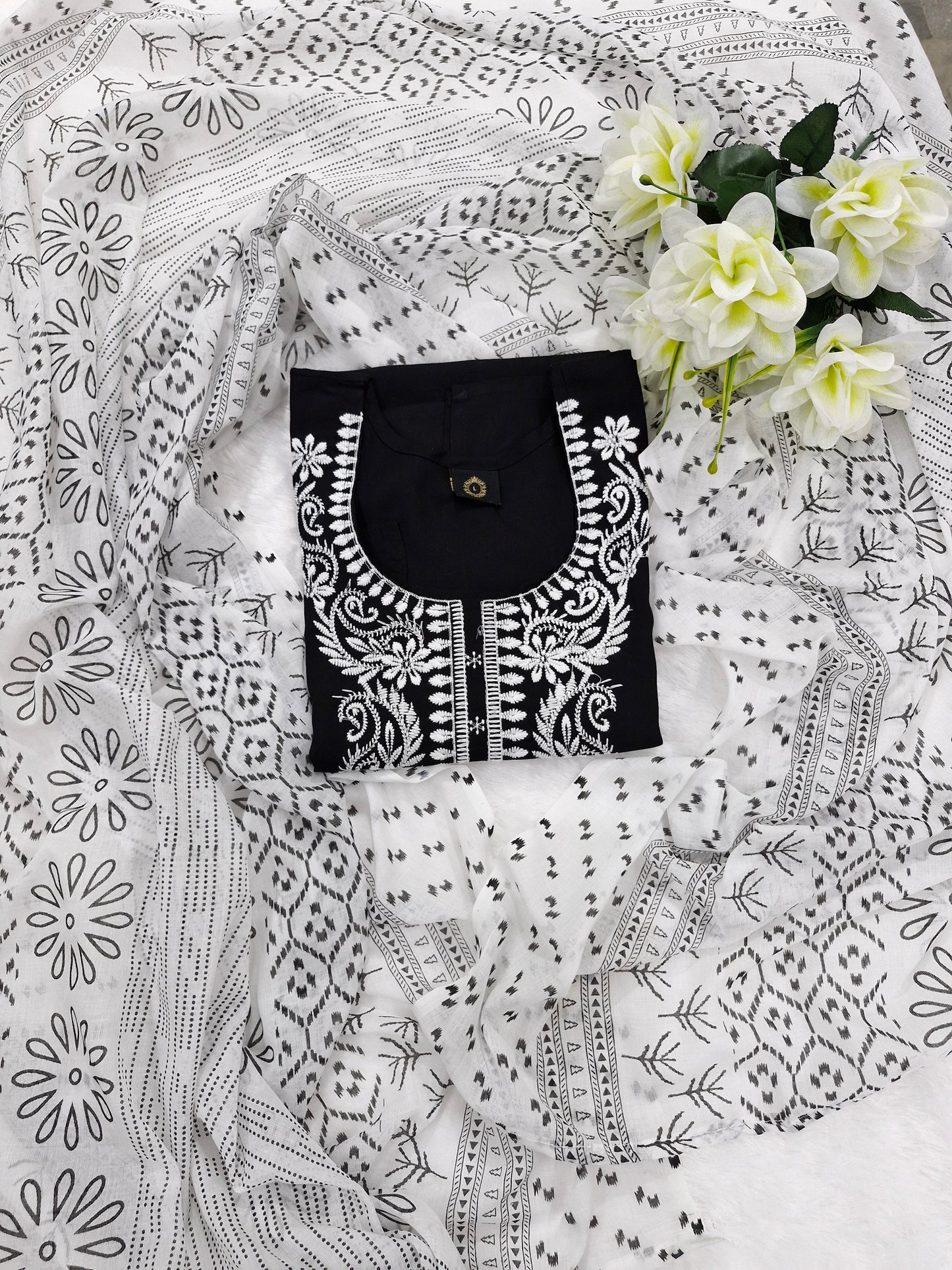 Elegant Black & White Embroidered Suit