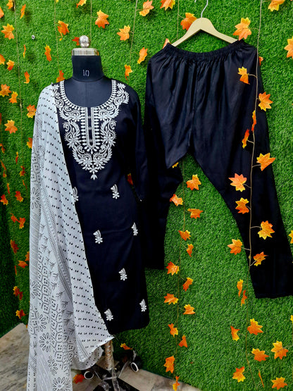 Elegant Black & White Embroidered Suit