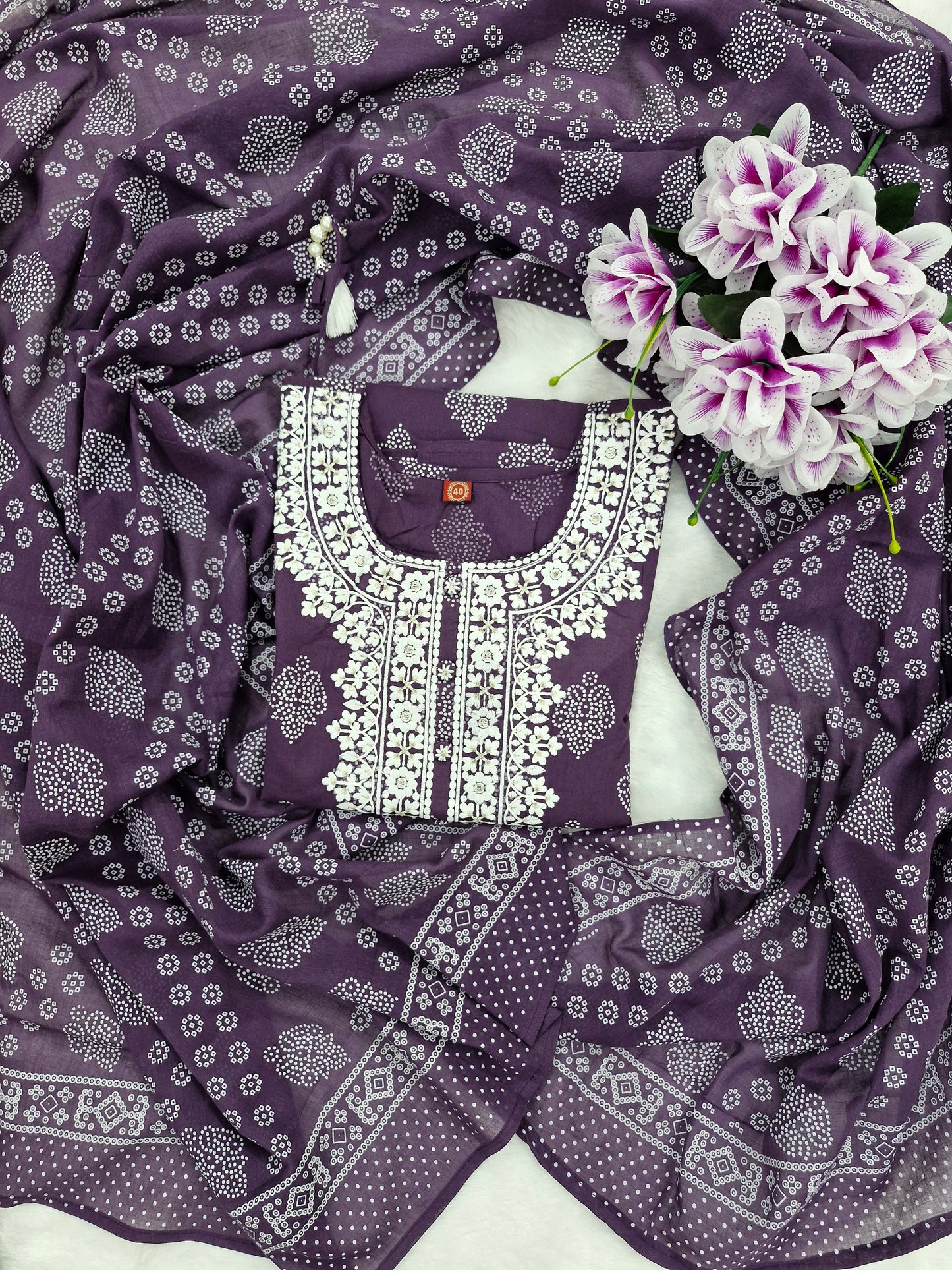 Elegant Purple Three-Piece Suit with Embroidery and Bandhani Print