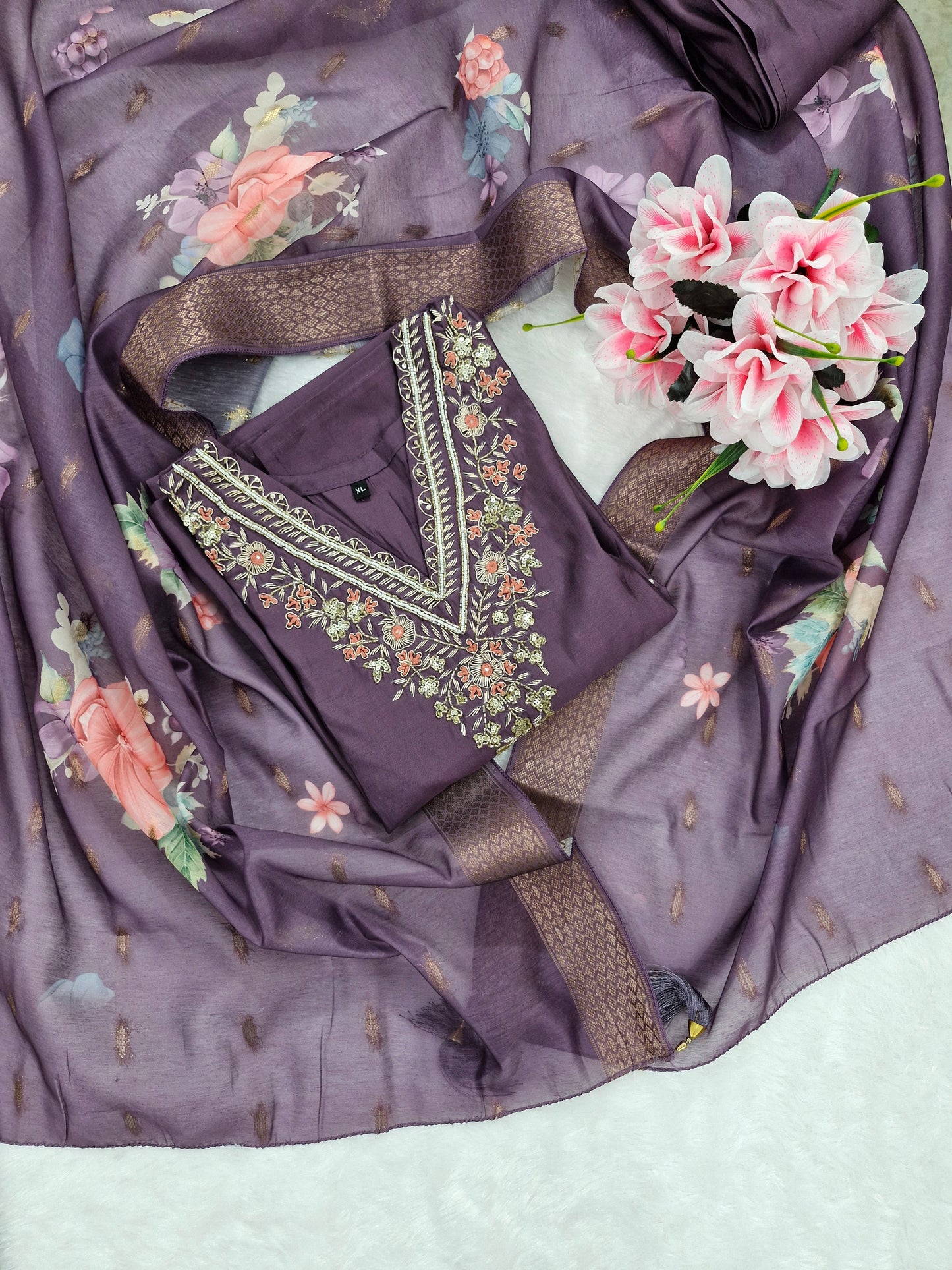 Regal Purple Embroidered Suit with Floral Dupatta