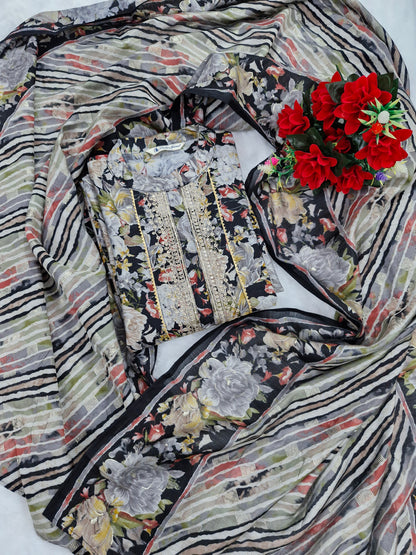 Black Floral Print Suit with Embroidered Neckline and Striped Dupatta