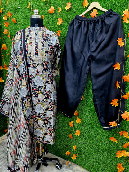 Black Floral Print Suit with Embroidered Neckline and Striped Dupatta