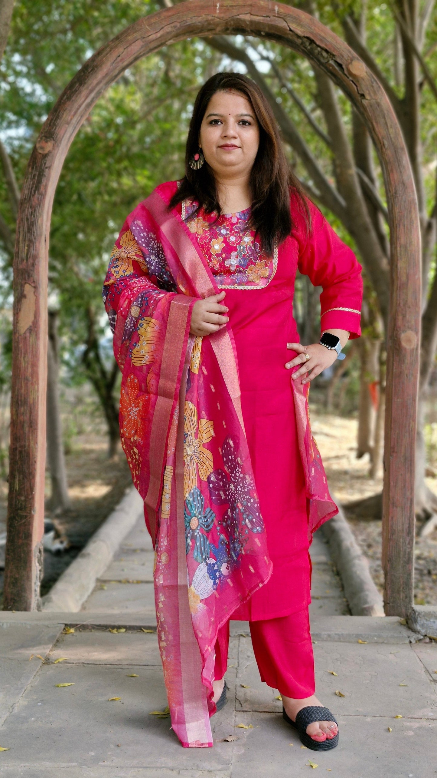 Vibrant Floral Embroidered Three-Piece Suit in Magenta