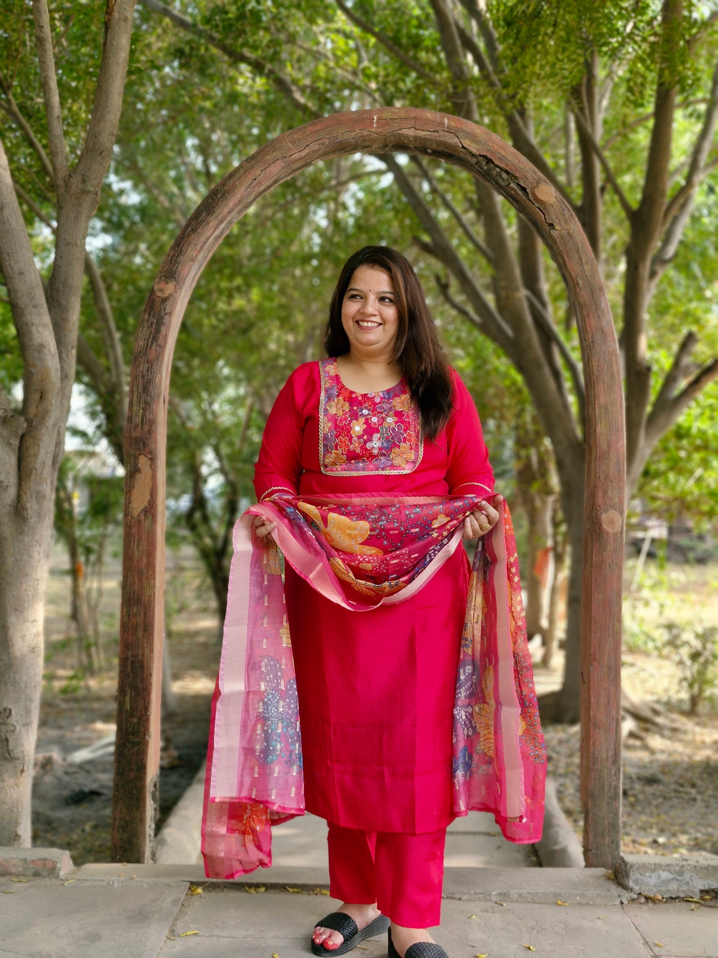 Vibrant Floral Embroidered Three-Piece Suit in Magenta