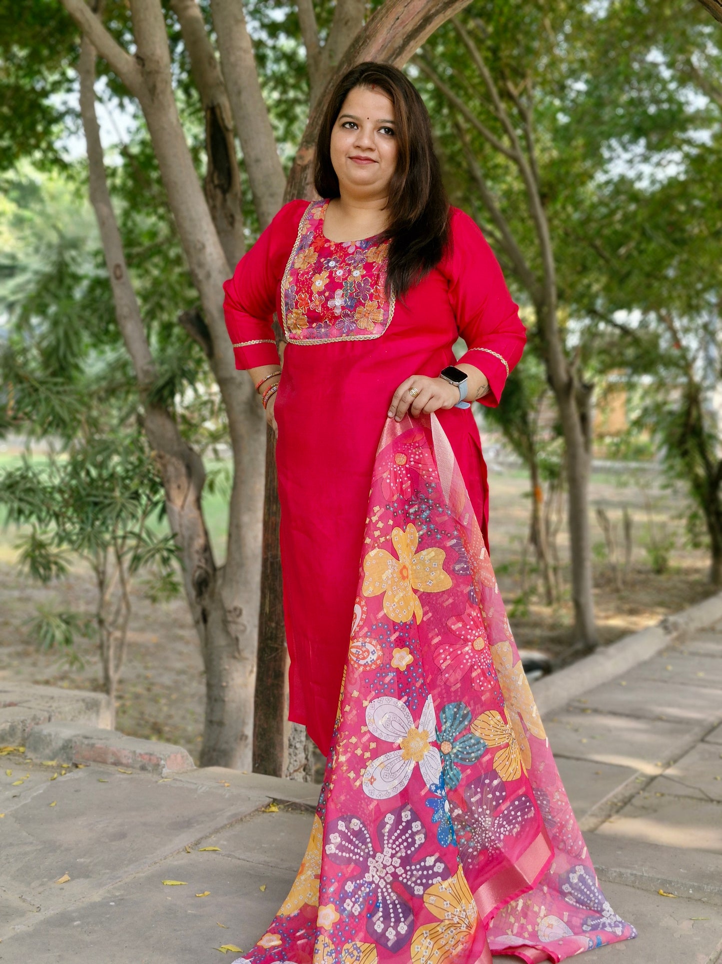 Vibrant Floral Embroidered Three-Piece Suit in Magenta