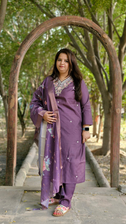 Regal Purple Embroidered Suit with Floral Dupatta