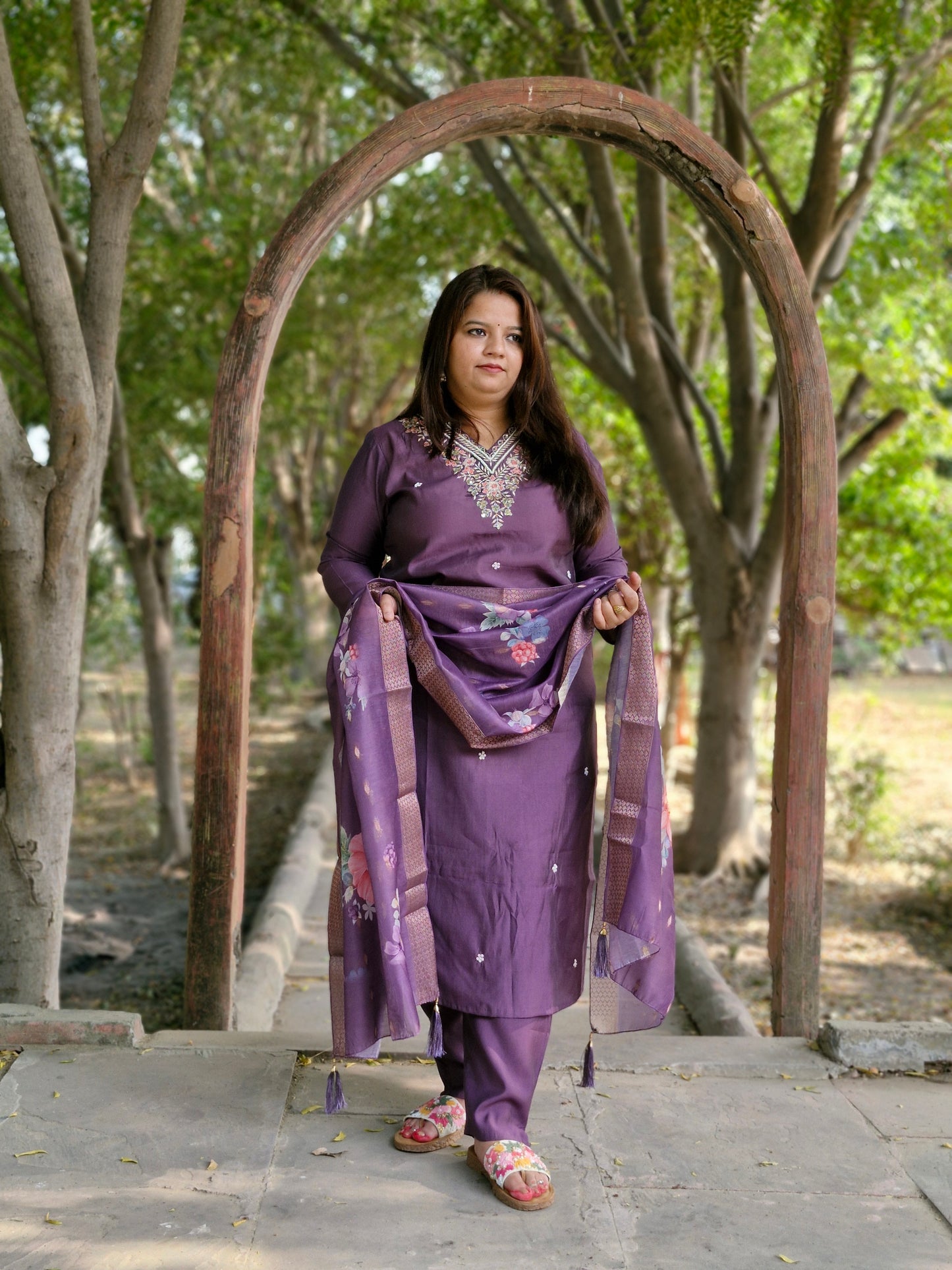 Regal Purple Embroidered Suit with Floral Dupatta