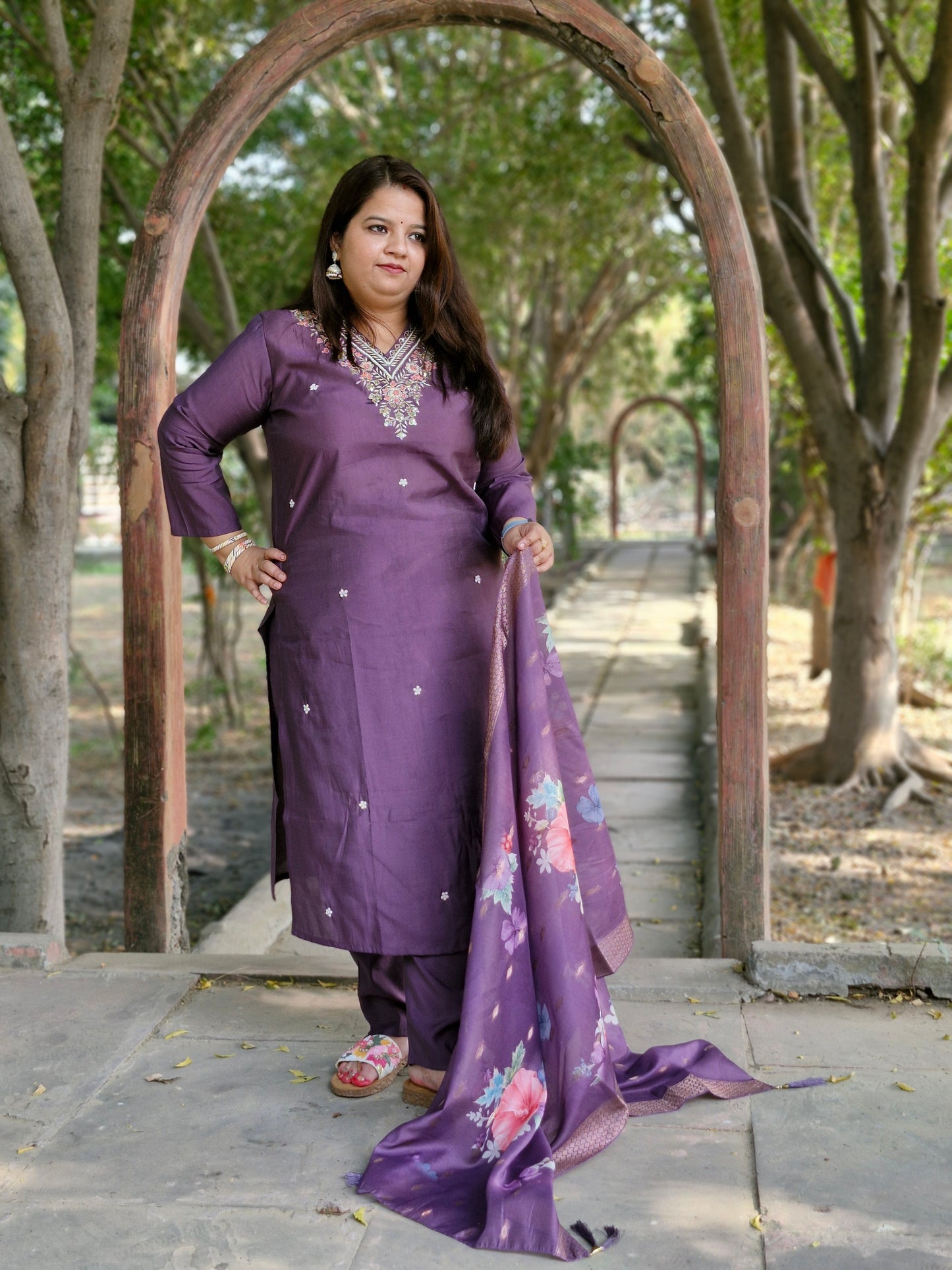 Regal Purple Embroidered Suit with Floral Dupatta