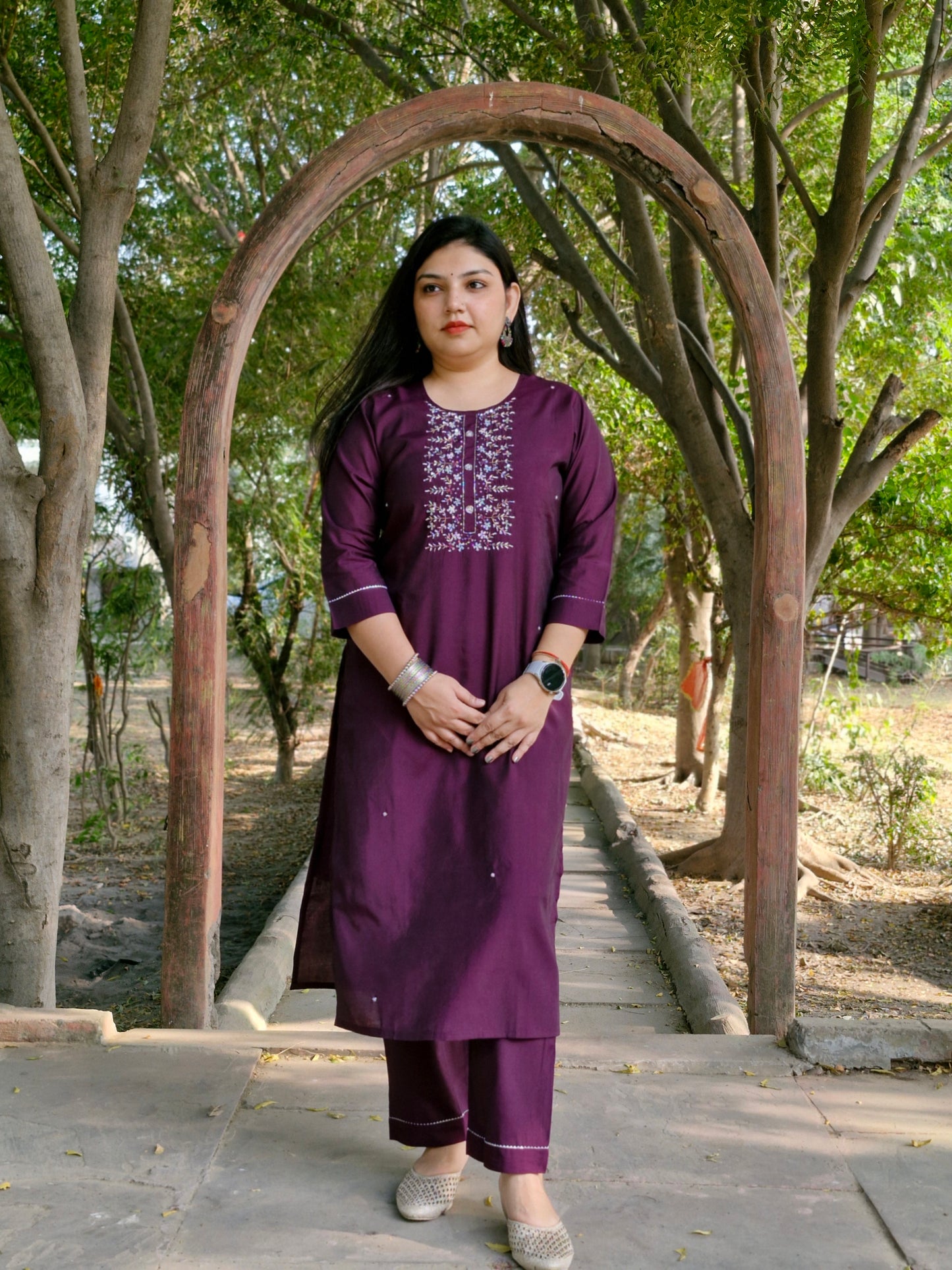 Purple Dola Silk Three-Piece Suit with Floral Organza Dupatta