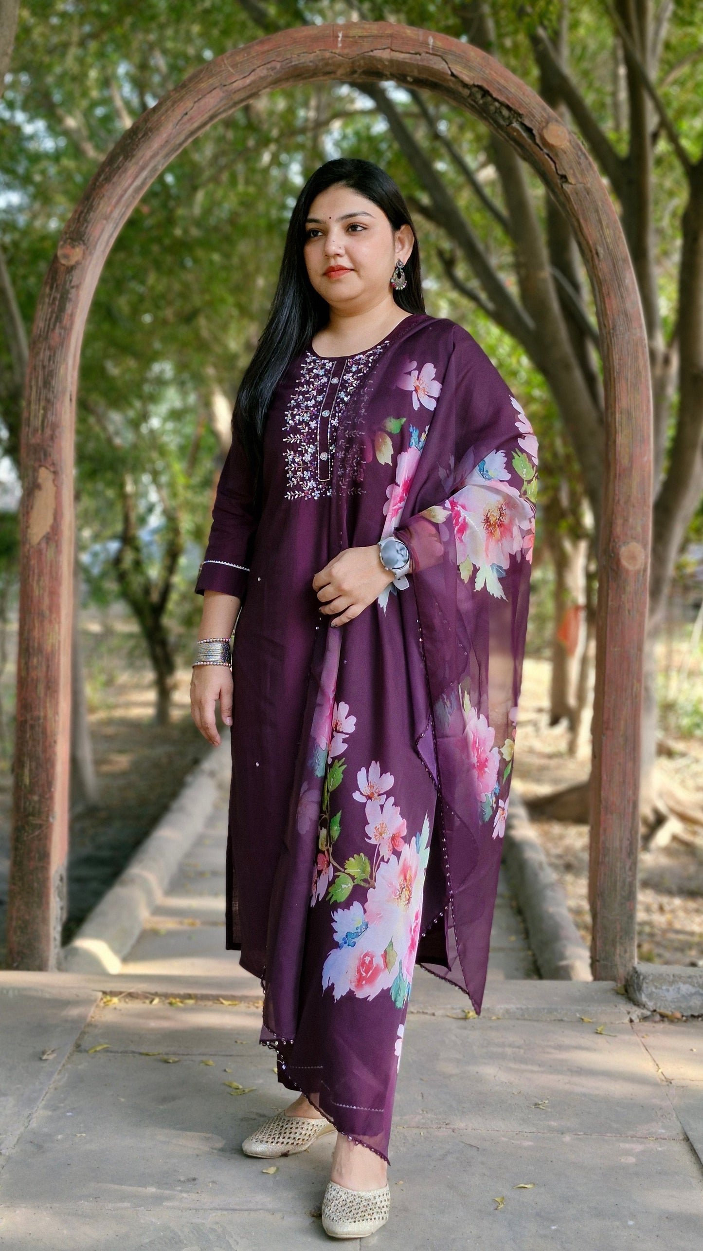 Purple Dola Silk Three-Piece Suit with Floral Organza Dupatta