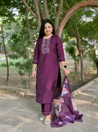 Purple Dola Silk Three-Piece Suit with Floral Organza Dupatta