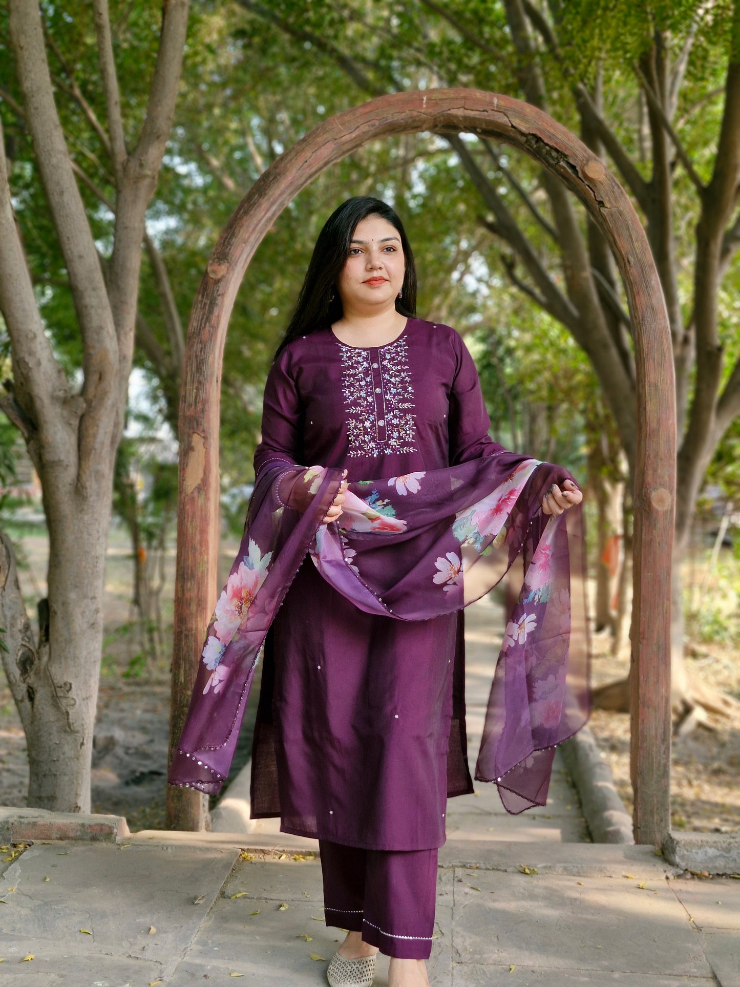 Purple Dola Silk Three-Piece Suit with Floral Organza Dupatta