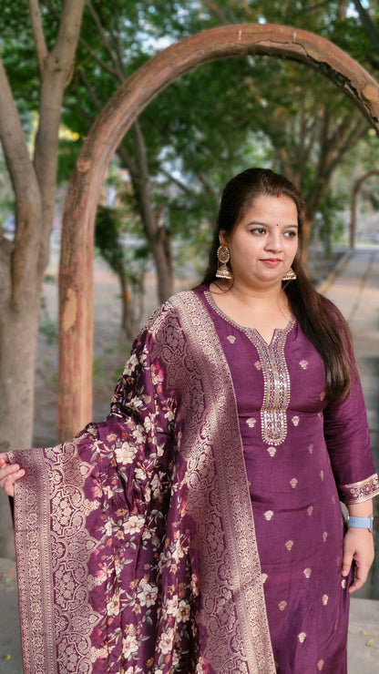 Regal Purple Embroidered Three-Piece Suit with Banarasi Floral Dupatta