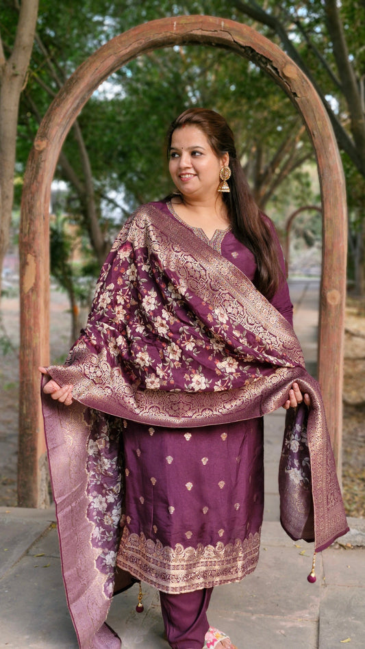 Regal Purple Embroidered Three-Piece Suit with Banarasi Floral Dupatta