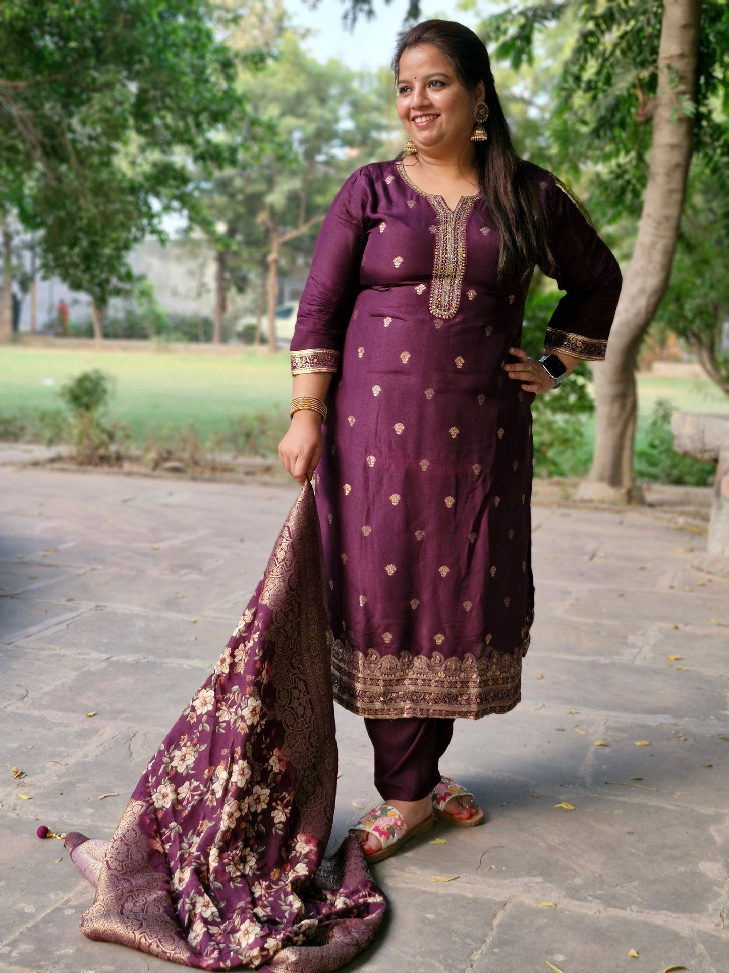 Regal Purple Embroidered Three-Piece Suit with Banarasi Floral Dupatta