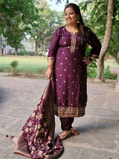 Regal Purple Embroidered Three-Piece Suit with Banarasi Floral Dupatta