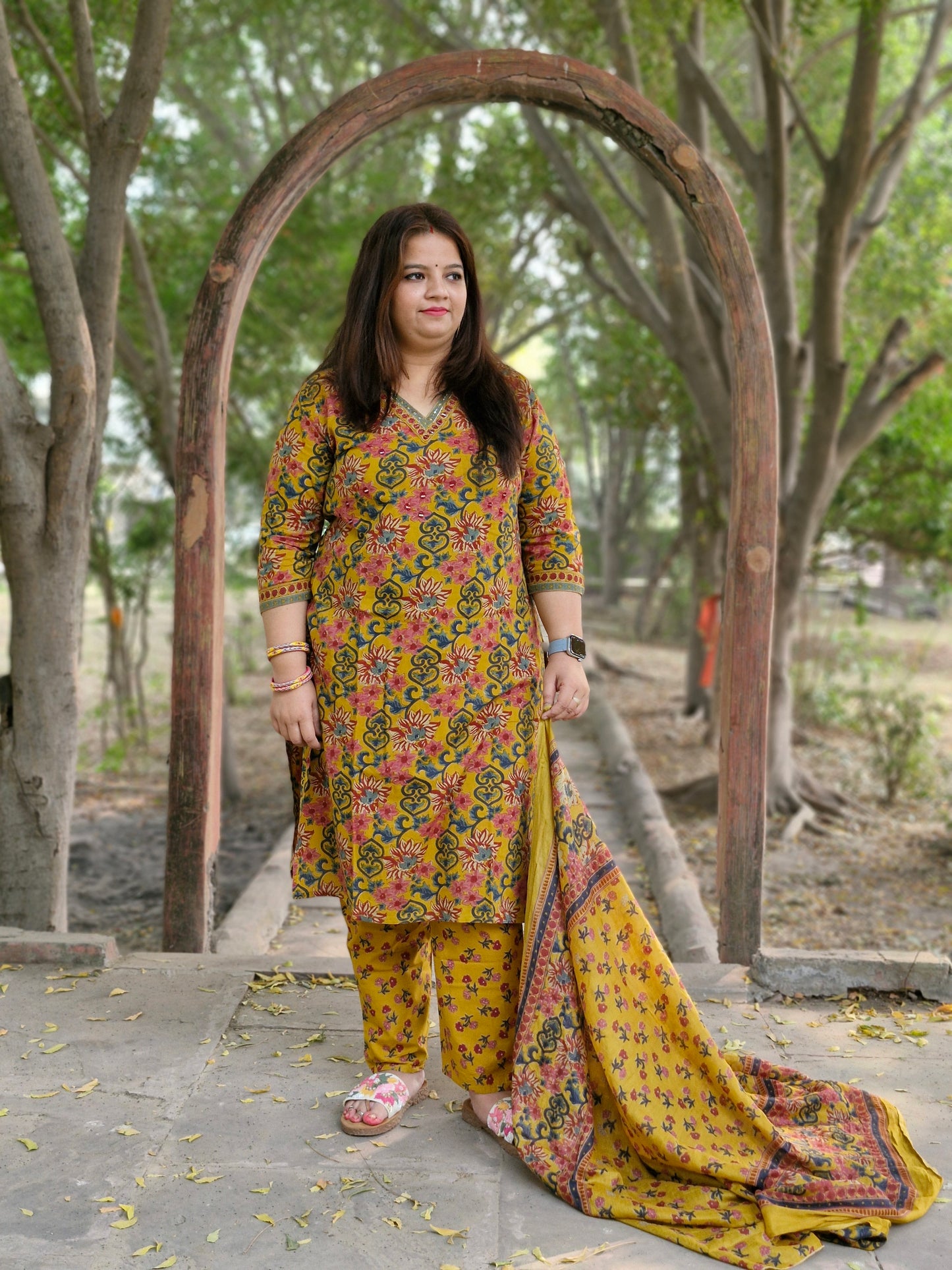 Marigold Bloom Mirror Work Suit