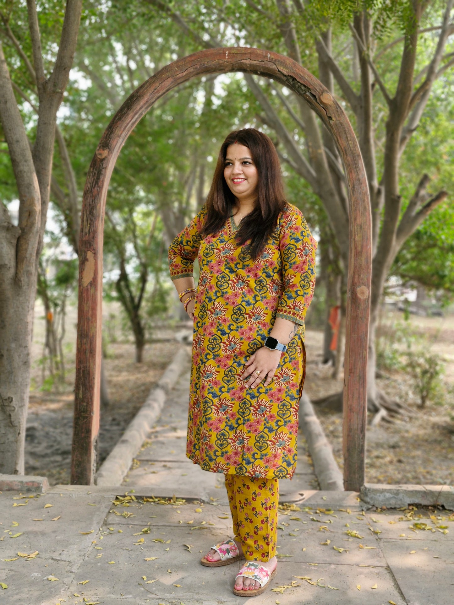 Marigold Bloom Mirror Work Suit