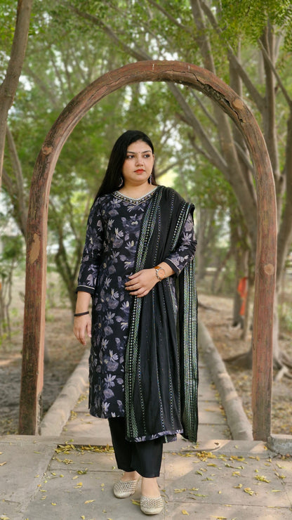 Black Floral Muslin Three-Piece Suit with Embroidered silk Dupatta