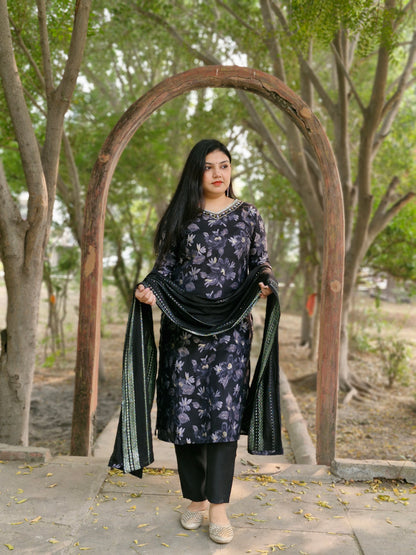 Black Floral Muslin Three-Piece Suit with Embroidered silk Dupatta