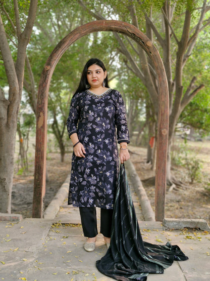 Black Floral Muslin Three-Piece Suit with Embroidered silk Dupatta