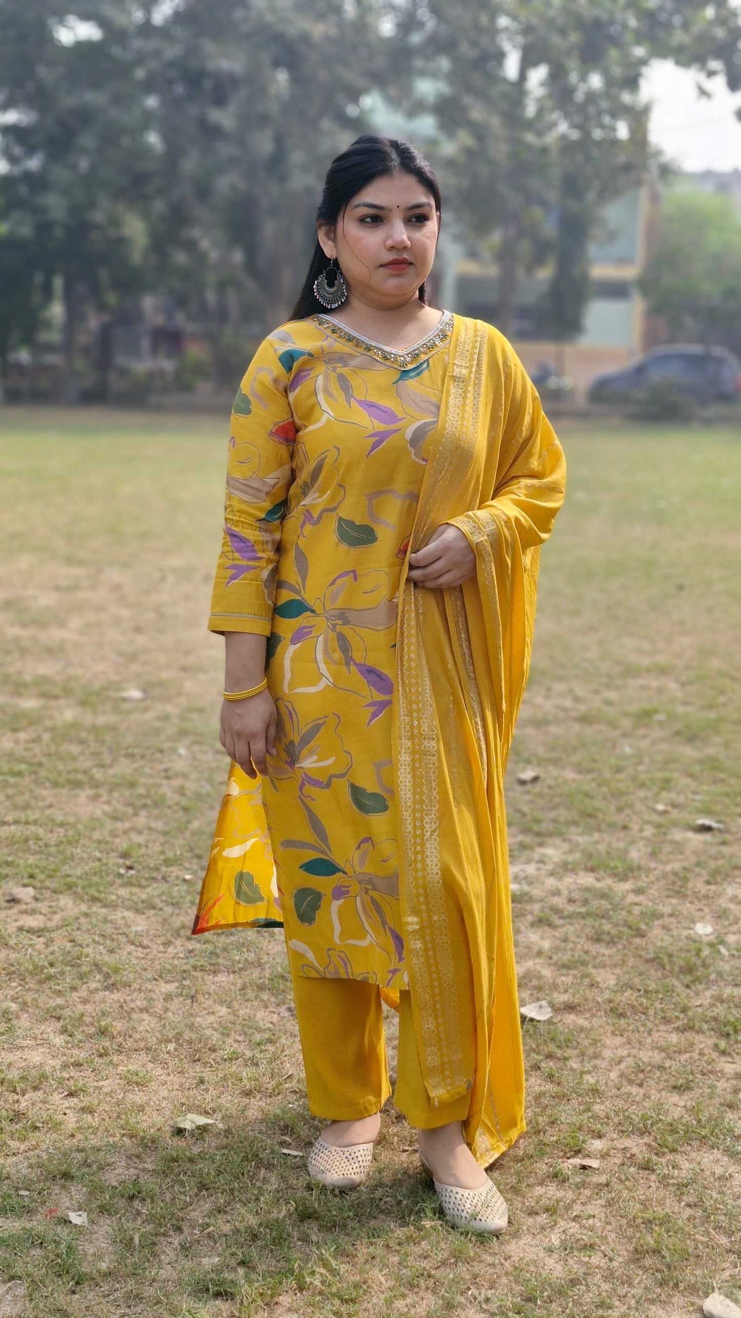 Yellow Floral Muslin Three-Piece Suit with Embroidered silk Dupatta